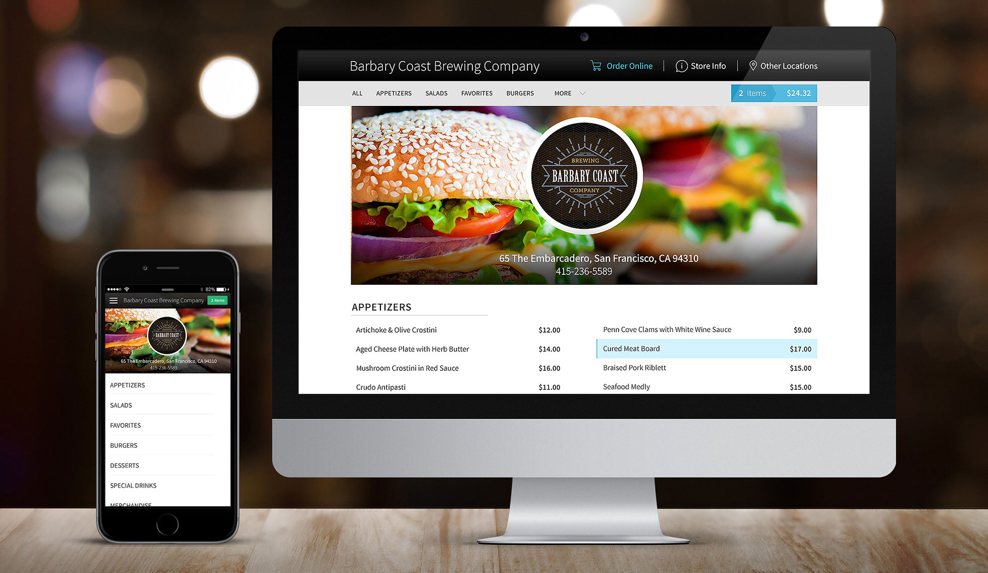 Phone and desktop screens showing online food ordering